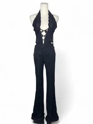 NEW Outcast Lace Up Halter Jenna Jumpsuit in Black Floral Lace thumbnail 3