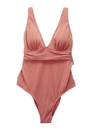 NWT Cupshe Textured Plunge One Piece Swimsuit Pink Size M Ribbed Bathing Suit thumbnail 2