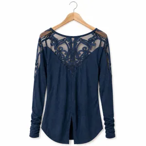 Free People Gatsby Boho Lace Scoop Neck Blue Ribbed Long Sleeve Top M Indie thumbnail 5