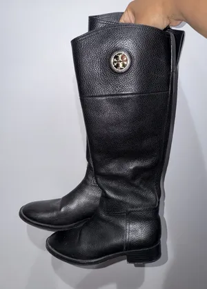 Tory Burch Black Riding Boots Pebbled Leather Sz 7 Gold‎ Detail thumbnail 1