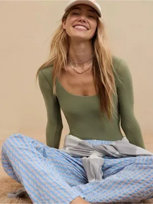 American Eagle aerie SMOOTHEZ Long Sleeve Plunge Bodysuit Olive Green Med thumbnail 1