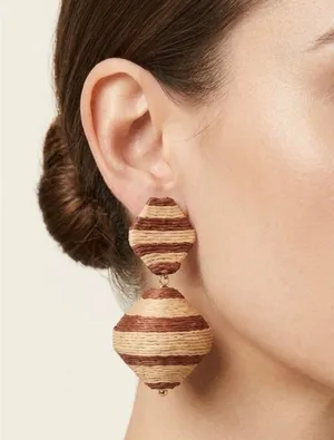 Tuckernuck Earrings NWT Cocoa Stripe Raffia Geo Lantern Brown Tan Woven Drop thumbnail 1