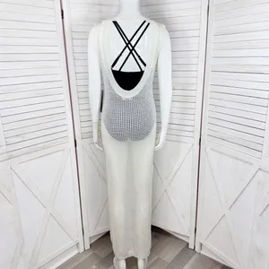 Almost Famous Sheer Crochet Open Back Beach Swim Cover‎ Maxi Dress Cream Medium thumbnail 5
