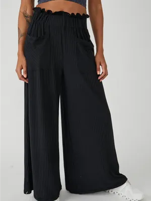 FP Movement Blissed Out Wide Leg Pants Black Ribbed High Rise Small thumbnail 1