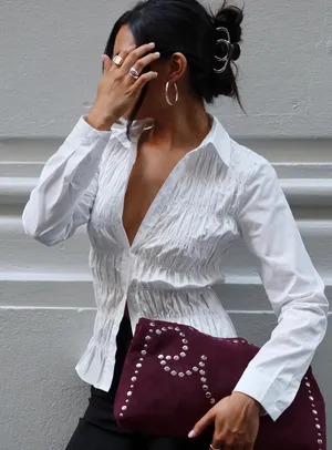 Princess Polly Cultivate Shirred Collared Long Sleeve White Top thumbnail 1