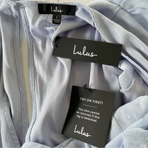 NWT Lulus Closer Look Light Blue Swiss Dot Tie-Sleeve Split Back Romper LARGE‎ thumbnail 12