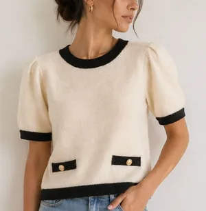 English Factory Cream Puff Sleeve Sweater Top Black Trim Gold M thumbnail 1