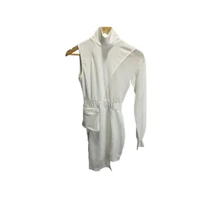 Shein Ivory Cream Mini Cocktail Dress Mesh S One Sleeve Mock Neck Stretch‎ thumbnail 2
