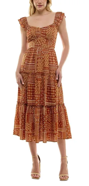 NWT Trixxi Rust Orange Tiered Patchwork-Print Ruffled-Strap Midi Dress Sz Large thumbnail 1