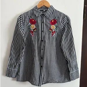 INFLUENCE | Black and White Gingham Floral Embroidered Button Down Shirt | Large thumbnail 1
