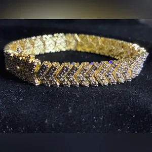 18K Gold Finish Natural Chevron Bracelet 1ct Lab Diamond in Brass 7.5” thumbnail 3