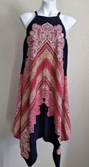 MAGGY LONDON Navy And Coral Floral Asymmetrical handkerchief Gypsy Dress Size 12 thumbnail 1