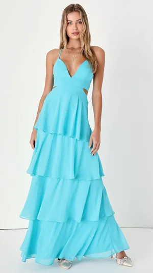 NWT Lulus Tier and Now Blue Tie-Back Tiered Maxi Dress Dance Gala Wedding Sz S thumbnail 1