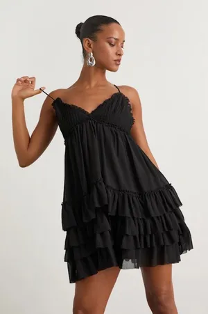 NWT Lulus Asuka Black Ruffled Tiered Mini Dress Party Night Out Swing Size M thumbnail 1
