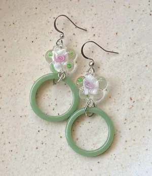 Handmade flower glass beads & green circle hoop unique fairy cottage retro style dangle earrings 🌼💚 thumbnail 5