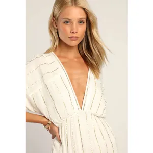 NWT Lulus Goddess Vibes Ivory Gold Striped Dolman Sleeve Maxi Dress Resort XS thumbnail 3