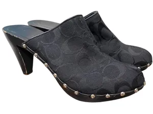 Y2K Coach Black Monogram Jacquard Studded Heeled Mules Wooden Clogs 7 thumbnail 1