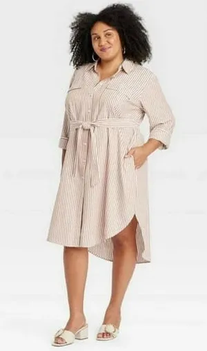 Ava & Viv™ Women's Long Sleeve Midi Shirtdress - Brown Striped XXL NWT thumbnail 1