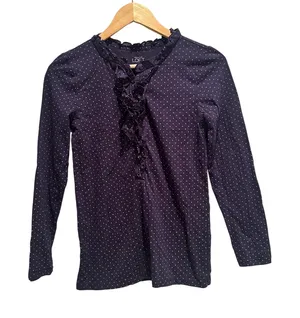 Ann Taylor Loft Navy Polka‎ Dot Ruffle Top Small Cottagecore Preppy Shirt Cotton thumbnail 1