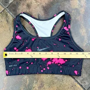 Nike Dri-FIT Black Neon Pink Splatter Racerback Sports Bra Swoosh thumbnail 3