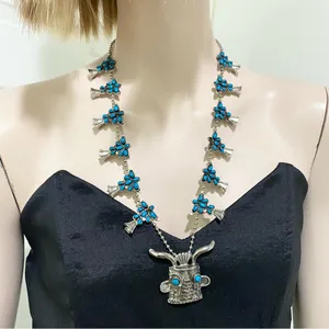 Vintage Kachina Mask Faux Turquoise Southwestern Style Squash Blossom Necklace thumbnail 4