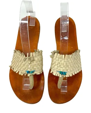 Henry Cuir‎ Slide Sandals Leather Woven Rattan Beaded Tan Brown Size 38 US 8 thumbnail 1