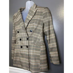 Marled Blazer Womens S Beige Plaid Double Breasted Lined Notch Lapel Jacket thumbnail 4