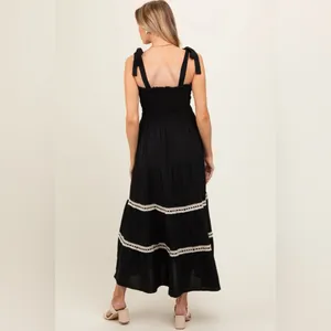 NWT Signify Black Smocked Maxi Dress Coquette Boho Ribbon & Lace Tiered Sundress thumbnail 2