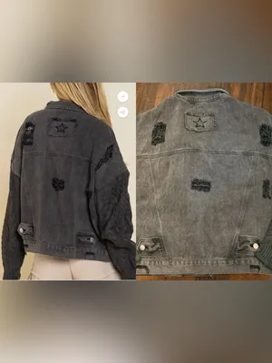 POL Washed Charcoal Black Distressed Denim Jacket with Dark Knit Sleeves Large thumbnail 3