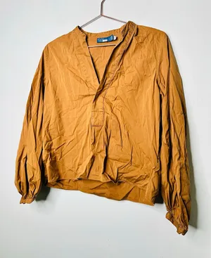 POLO RALPH LAUREN Tan Brown Cropped Blouse Long Sleeve Collared Shirt Size 10 thumbnail 1