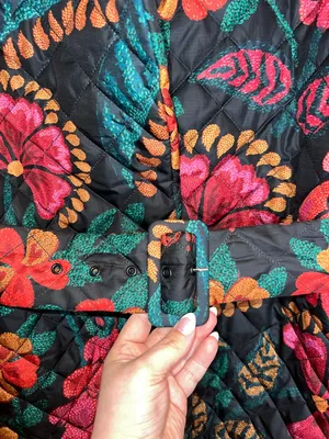 Farm Rio Black Floral Quilted Puffer Jacket XL NWT‎ Belted “Made in Brazil” thumbnail 6