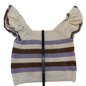 MNG Mango Beige Striped Knit Ruffle Flutter Sleeve Square Neck Cropped Top S thumbnail 9