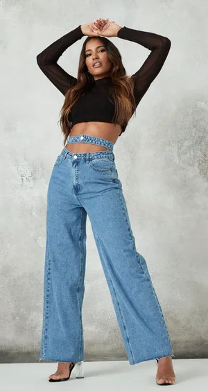 Missguided blue double waistband wide straight leg jeans thumbnail 1