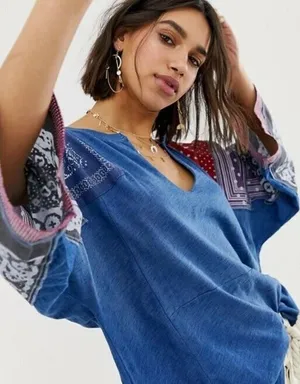 ✨FREE PEOPLE Shibuya Boho Sz Large Denim Patchwork Top✨ thumbnail 1