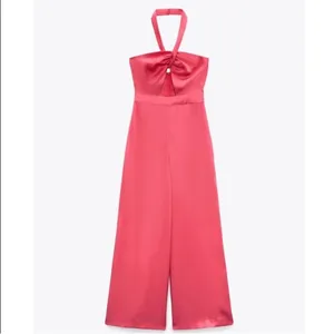 Zara Satin Halter Wide-Leg Jumpsuit in Hot Pink thumbnail 5