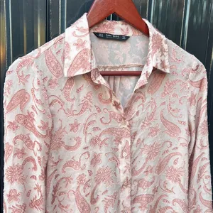 Zara Pink Sheer Paisley Embroidered Collared Button Up Blouse Boho Coast S Small thumbnail 4