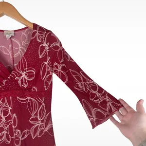 Vintage Y2K Finesse 3/4 Sleeve Red Floral Lace Waist Dress Women’s Medium Boho thumbnail 4