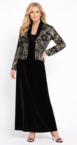 Vintage Carol Anderson 2pc Set Green Velvet Floral Jacket & Maxi Dress Medium‎ thumbnail 1