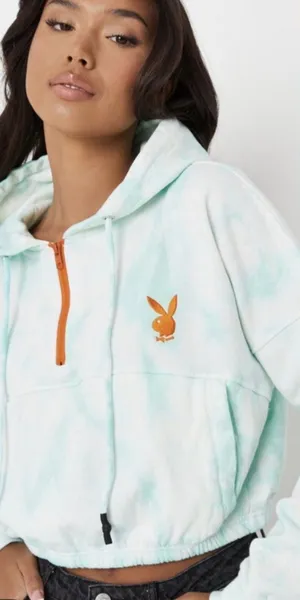 Playboy x Missguided Crop Hoodie Sweatshirt Zip Neck Green Tie Dye Size Small thumbnail 1