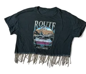 Cropped Route 66 T Shirt‎ Women Rhinestone Fringe Black Graphic Tee Grunge thumbnail 1