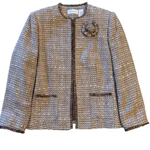 NWT Alfred Dunner Tweed Jacket 14 Brown Pink Fringe Open Front Vintage Charm thumbnail 1