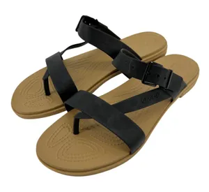 Crocs Tulum Toe Post Sandal Black Tan Women 11 Strappy Buckle Slip On Flip Flop thumbnail 1