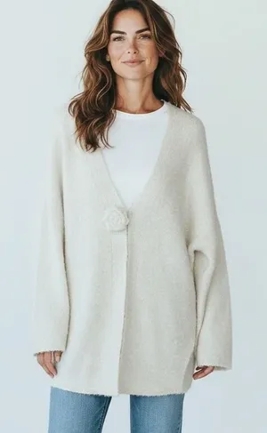 HYFVE Cardigan Sweater Womens Medium Cream Rosette Oversized Wool Blend Boucle thumbnail 1