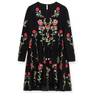 Zara Embroidered‎ Bird & Floral Black Shift Dress Cottagecore Bohemian Sz Small thumbnail 4