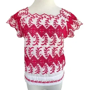 Anthropologie Vanessa Virginia Embroidered White and Pink Cotton Eyelet Top S thumbnail 3