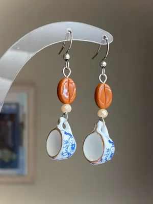 Handmade porcelain mug cup & coffee beans unique fun fairy antique style dangle earrings☕️🍃🌀 thumbnail 2
