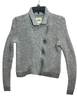 Hollister Women’s Small Gray Asymmetrical Zip Rabbit Hair Knit Cardigan Y2K thumbnail 3
