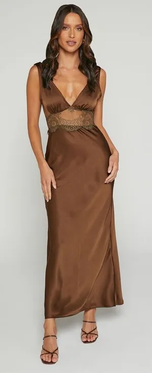 ✨Juliet Midi Dress - V Neck Lace Insert Satin Slip Sz 6 Dress In Chocolate✨ thumbnail 1