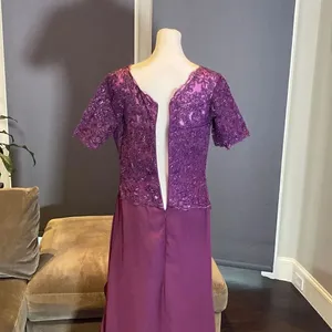 Women’s Full Length Purple Short Sleeve Chiffon Dress Lace Appliqué Size 10 thumbnail 7