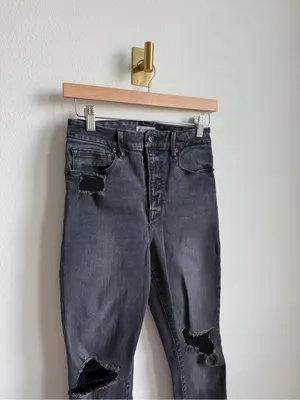 Good American Good Waist Crop Raw Step Jeans Black Distressed Size 27 thumbnail 4